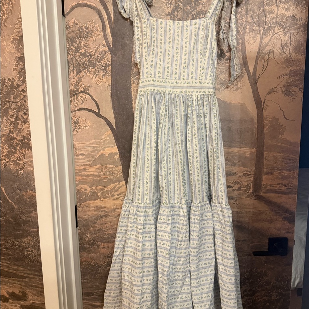 Maple Light Blue Floral Tiered Maxi Dress with Tie Straps
